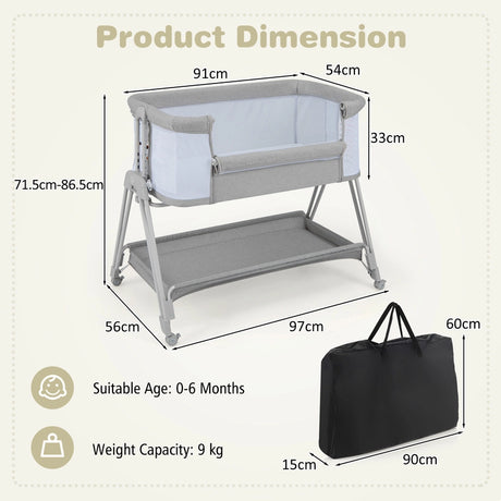 Baby Bedside Crib with Mattress for Birth to 9kg-Light Grey
