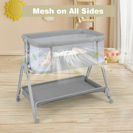 Baby Bedside Crib with Mattress for Birth to 9kg-Light Grey