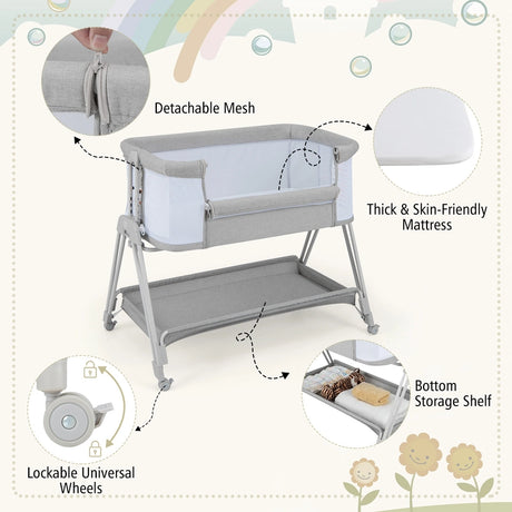 Baby Bedside Crib with Mattress for Birth to 9kg-Light Grey