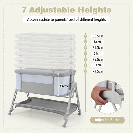 Baby Bedside Crib with Mattress for Birth to 9kg-Light Grey