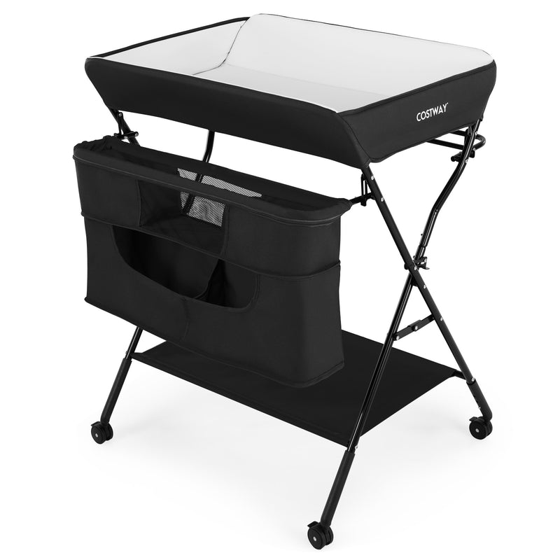 Baby Changing Station Collapsible Baby Changing Table with Wheels Black