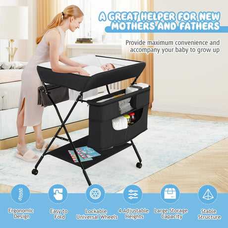 Baby Changing Station Collapsible Baby Changing Table with Wheels Black
