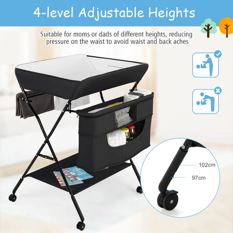 Baby Changing Station Collapsible Baby Changing Table with Wheels Black