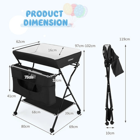 Baby Changing Station Collapsible Baby Changing Table with Wheels Black