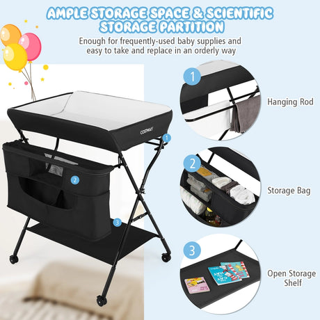 Baby Changing Station Collapsible Baby Changing Table with Wheels Black