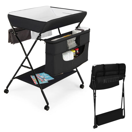 Baby Changing Station Collapsible Baby Changing Table with Wheels Black