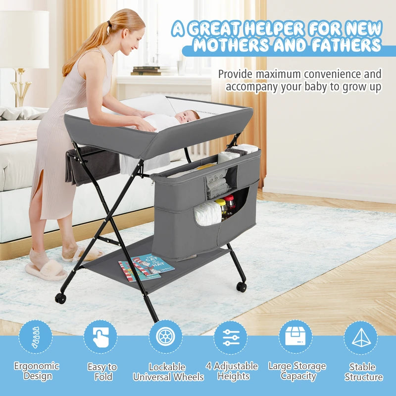 Changing station Foldable changing table for babies with wheels Grey