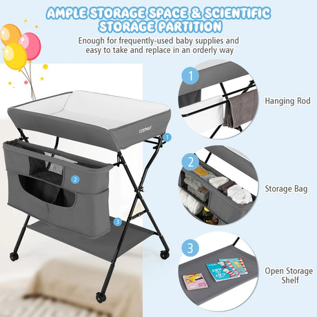 Changing station Foldable changing table for babies with wheels Grey