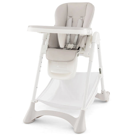 Baby High Chair with Detachable PU Cushion and Lockable Wheels-Beige