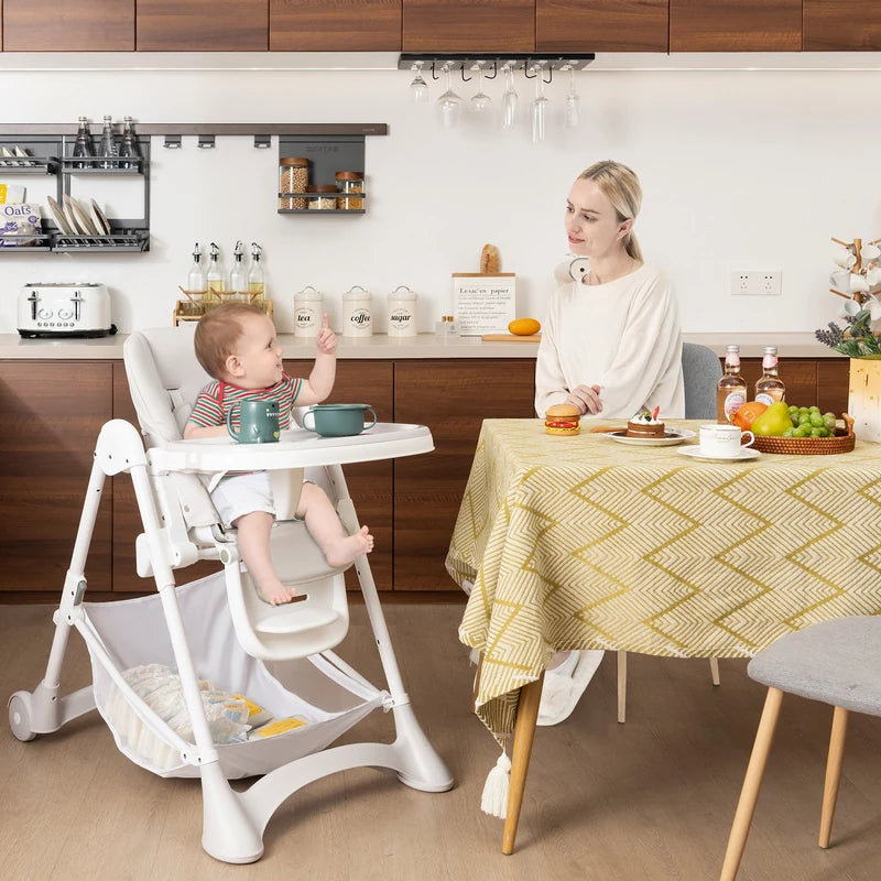 Baby High Chair with Detachable PU Cushion and Lockable Wheels-Beige