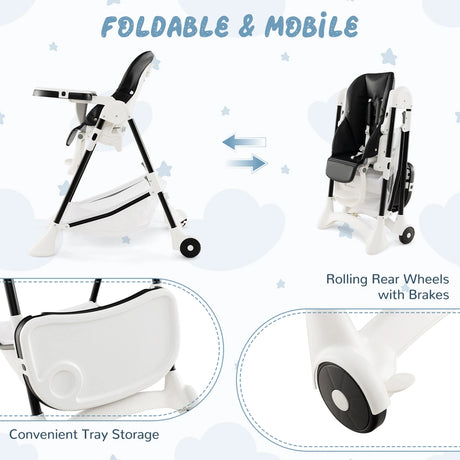 Baby High Chair with Detachable PU Cushion and Lockable Wheels-Black