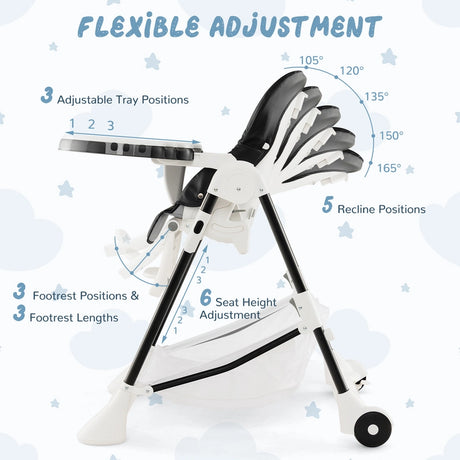 Baby High Chair with Detachable PU Cushion and Lockable Wheels-Black