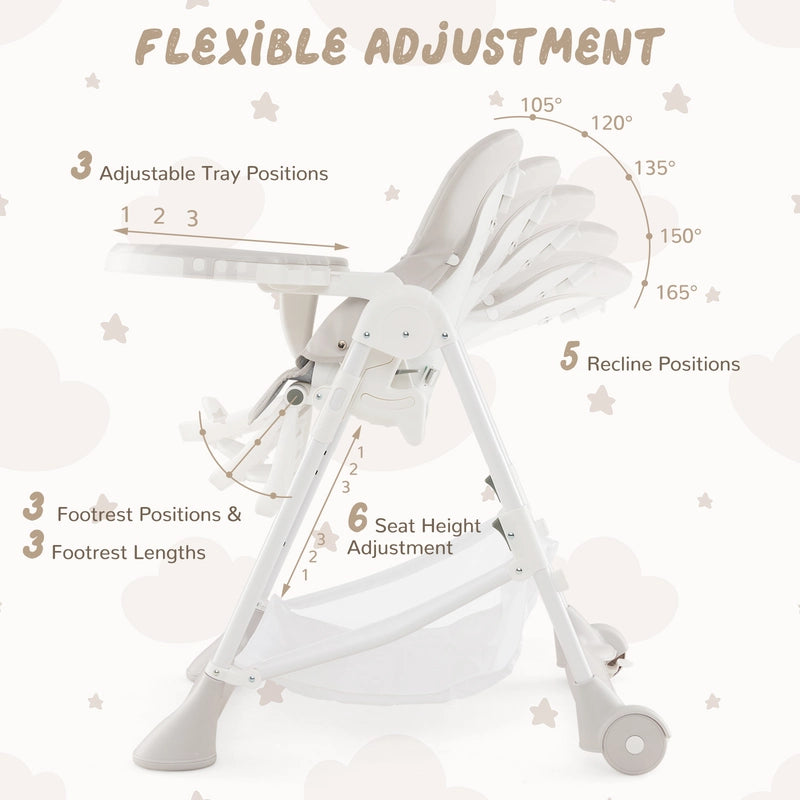 Baby High Chair with Detachable PU Cushion and Lockable Wheels-Beige