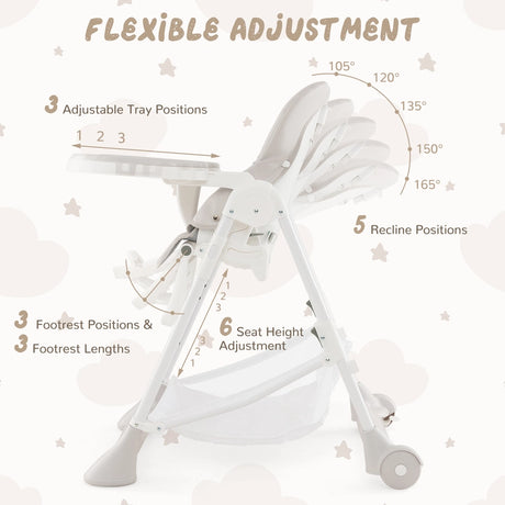 Baby High Chair with Detachable PU Cushion and Lockable Wheels-Beige