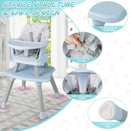 6-in-1 Baby High Chair with 5-Point Harness and Removable Tray-Blue