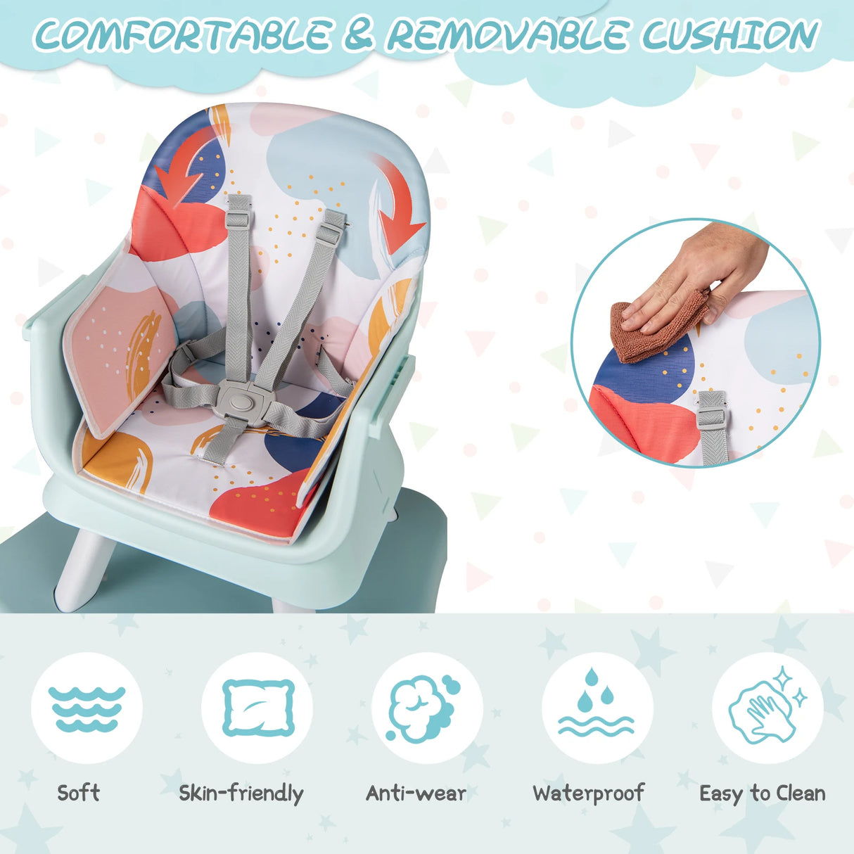 6-in-1 Baby High Chair with 5-Point Harness and Removable Tray-Colourful