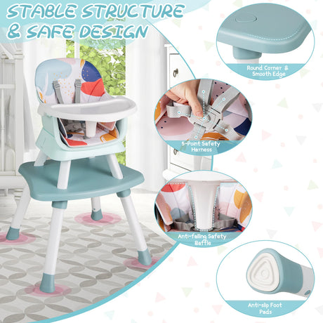 6-in-1 Baby High Chair with 5-Point Harness and Removable Tray-Colourful