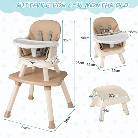6-in-1 Baby High Chair with 5-Point Harness and Removable Tray-Light Brown