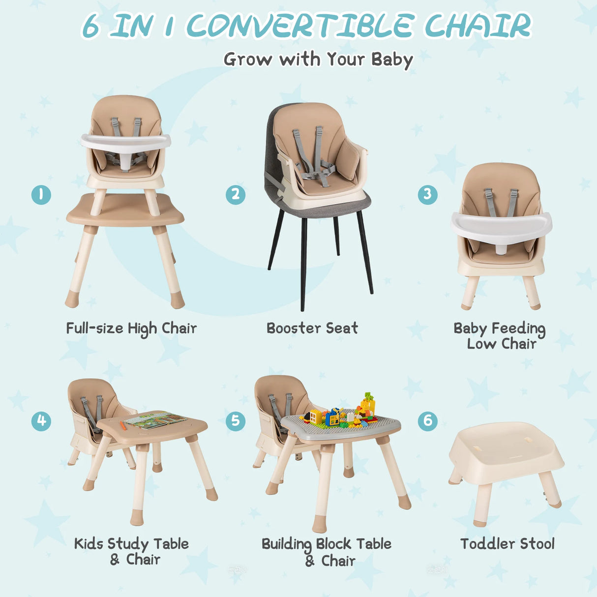6-in-1 Baby High Chair with 5-Point Harness and Removable Tray-Light Brown