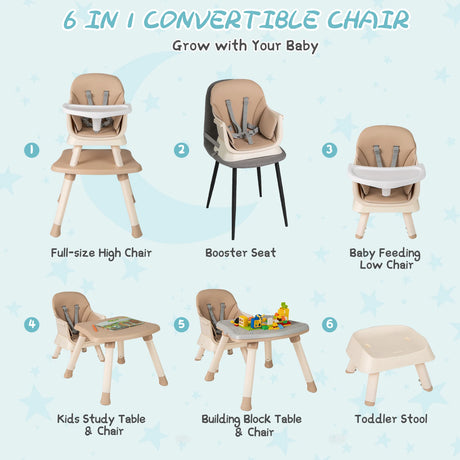 6-in-1 Baby High Chair with 5-Point Harness and Removable Tray-Light Brown