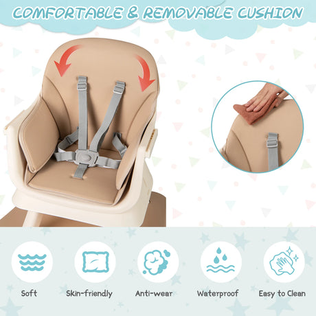 6-in-1 Baby High Chair with 5-Point Harness and Removable Tray-Light Brown