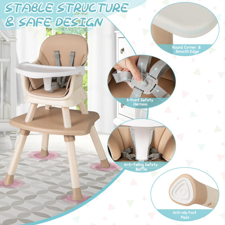 6-in-1 Baby High Chair with 5-Point Harness and Removable Tray-Light Brown
