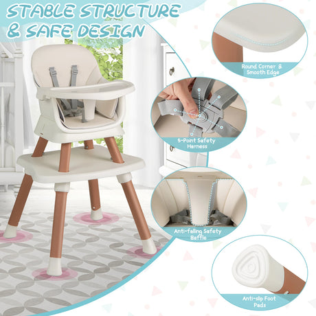 6-in-1 Baby High Chair with 5-Point Harness and Removable Tray-Natural