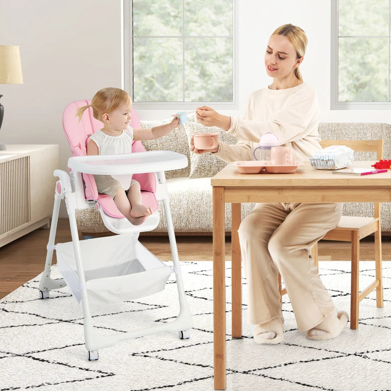 Baby Highchair with Safe, Adjustable and Folding Design-Pink