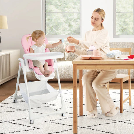 Baby Highchair with Safe, Adjustable and Folding Design-Pink