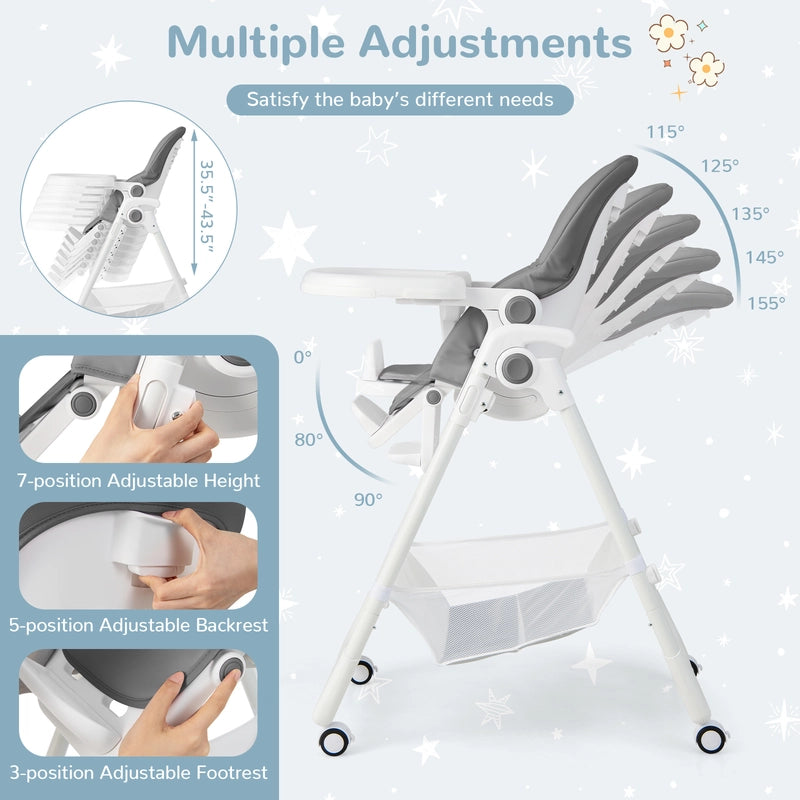 Baby Highchair with Safe, Adjustable and Folding Design-Grey