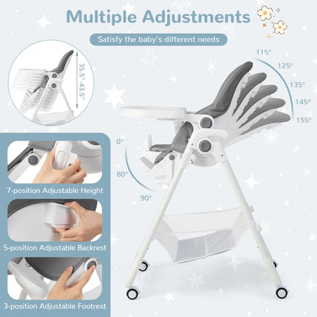 Baby Highchair with Safe, Adjustable and Folding Design-Grey
