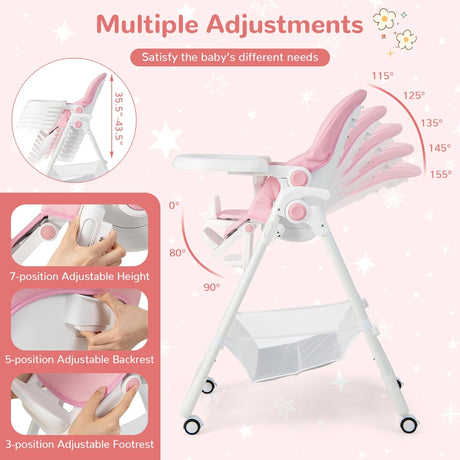 Baby Highchair with Safe, Adjustable and Folding Design-Pink