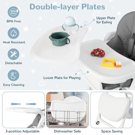 Baby Highchair with Safe, Adjustable and Folding Design-Grey
