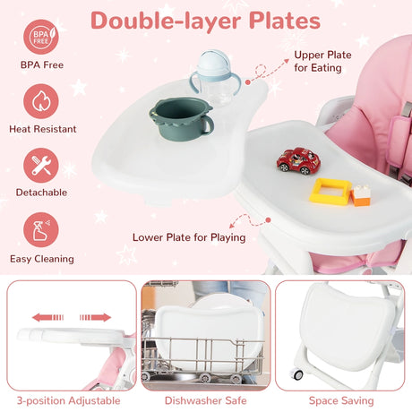 Baby Highchair with Safe, Adjustable and Folding Design-Pink