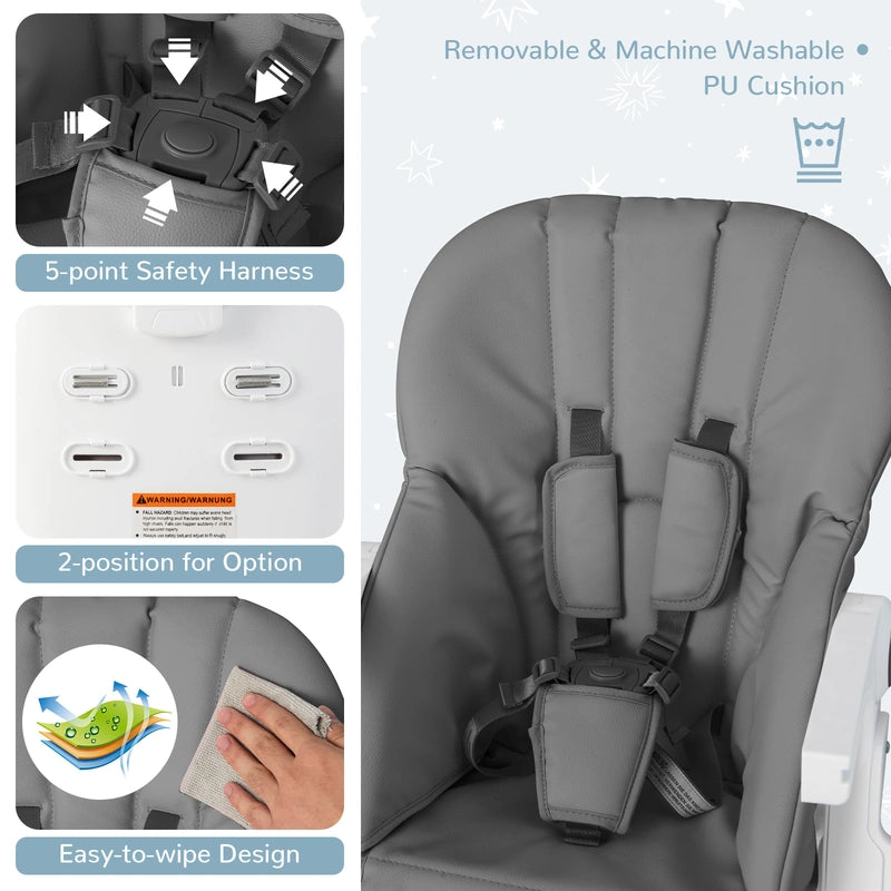 Baby Highchair with Safe, Adjustable and Folding Design-Grey