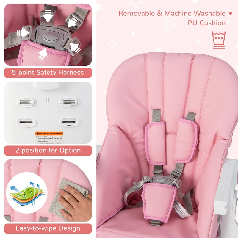 Baby Highchair with Safe, Adjustable and Folding Design-Pink