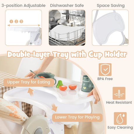 Baby Foldable Convertible High Chair with Adjustable Height Recline-Orange