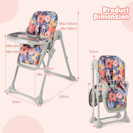 Baby Foldable Convertible High Chair with Adjustable Height Recline-Multicolour