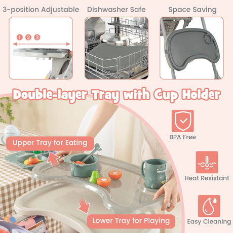 Baby Foldable Convertible High Chair with Adjustable Height Recline-Multicolour