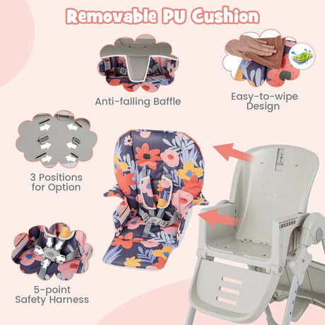 Baby Foldable Convertible High Chair with Adjustable Height Recline-Multicolour