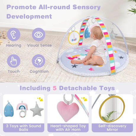 Baby Play Gym Mat 7-in-1 Tummy Time Activity Mat with 5 Detachable Toys-Multicolor