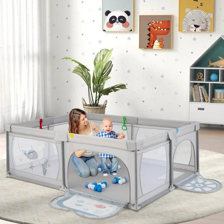 Baby Playpen with 50 Balls &amp; 2 Doors &amp; Breathable Net &amp; Zipper Grey-Fish