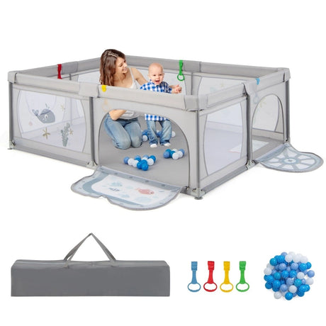 Baby Playpen with 50 Balls &amp; 2 Doors &amp; Breathable Net &amp; Zipper Grey-Fish