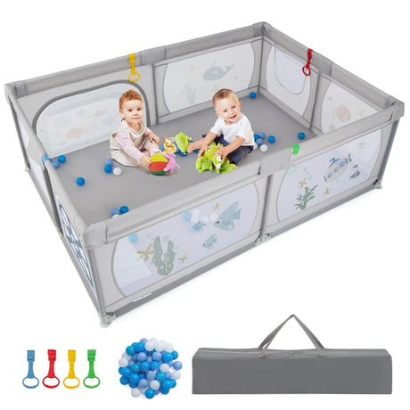 Baby Playpen with 50 Balls &amp; 2 Doors &amp; Breathable Net &amp; Zipper Grey-Fish