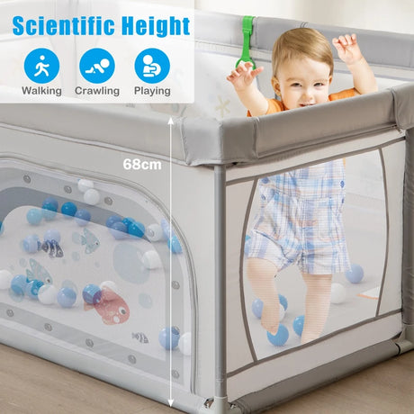 Baby Playpen with 50 Balls &amp; 2 Doors &amp; Breathable Net &amp; Zipper Grey-Fish