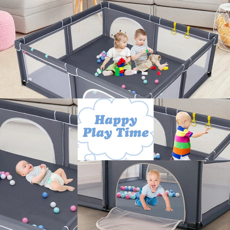 Baby Playpen with 50 Pieces Ocean Balls &amp; 4 Handlebars for Toddler-Black