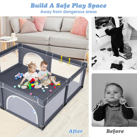 Baby Playpen with 50 Pieces Ocean Balls &amp; 4 Handlebars for Toddler-Black