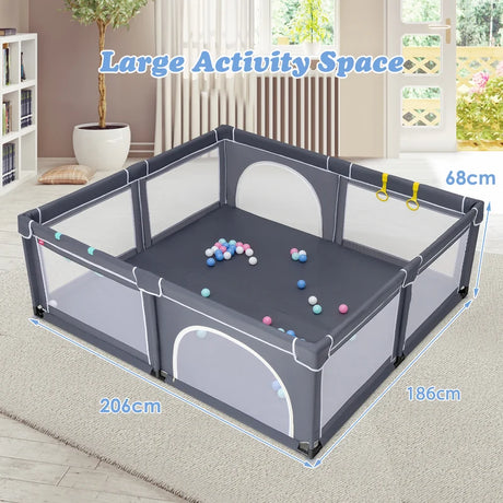 Baby Playpen with 50 Pieces Ocean Balls &amp; 4 Handlebars for Toddler-Black