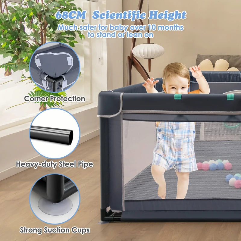 Baby Playpen with 50 Pieces Ocean Balls &amp; 4 Handlebars for Toddler-Black