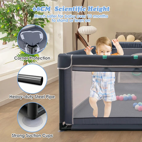 Baby Playpen with 50 Pieces Ocean Balls &amp; 4 Handlebars for Toddler-Black
